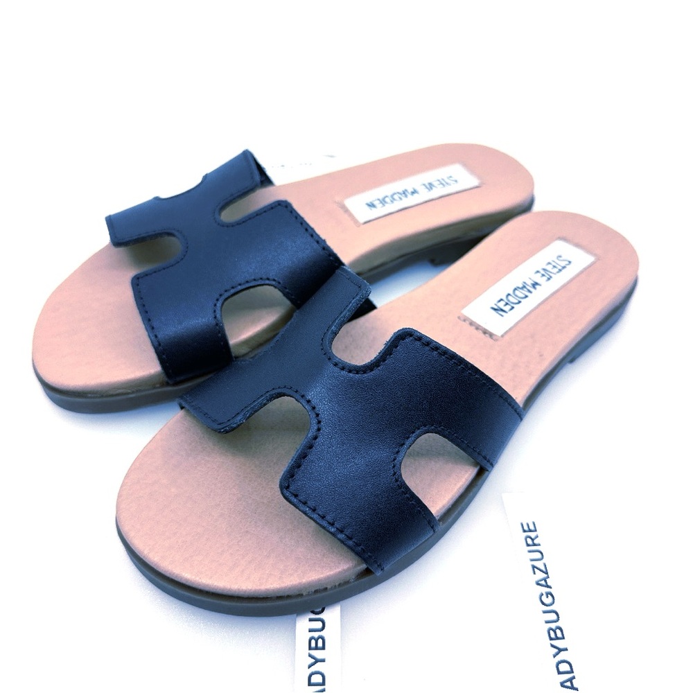 NWOB Steve Madden Black Leather Slide Sandals Size 4 - Picture 4 of 10